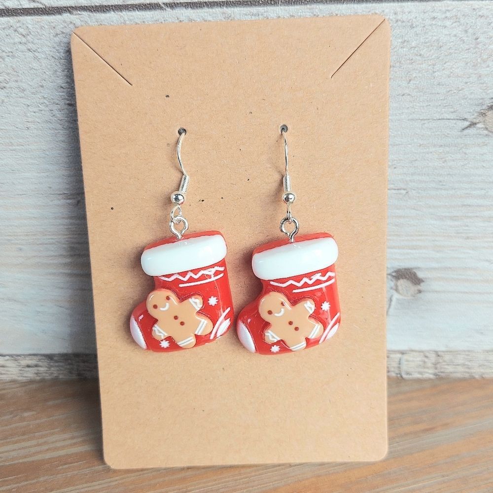 Christmas Earrings Gingerbread Man Stockings - Picture 1 of 2